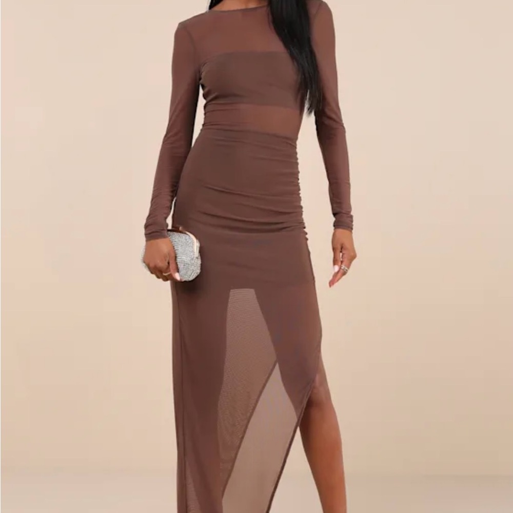 Lulu’s Alluring Silhouette Dark Brown Sheer Mesh Backless Maxi Dress